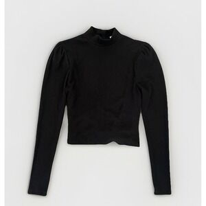MIAMI Black Ribbed Knit Cutout Back Tie Long Sleeve Cropped Shirt Mock Neck S